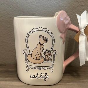 Rae Dunn Cat Life Ceramic Mug with Pink bow Handle